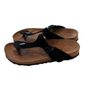 Bio Bio Women's Sz 39 (8.5) Black Leather Cork Sole Thong Sandals Comfort